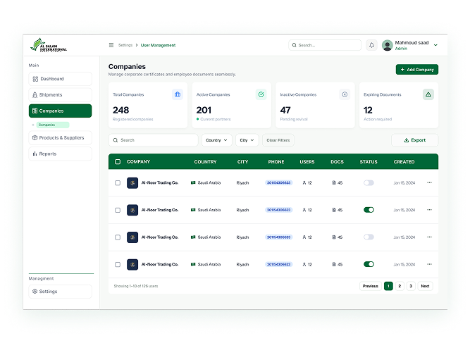Companies management screen