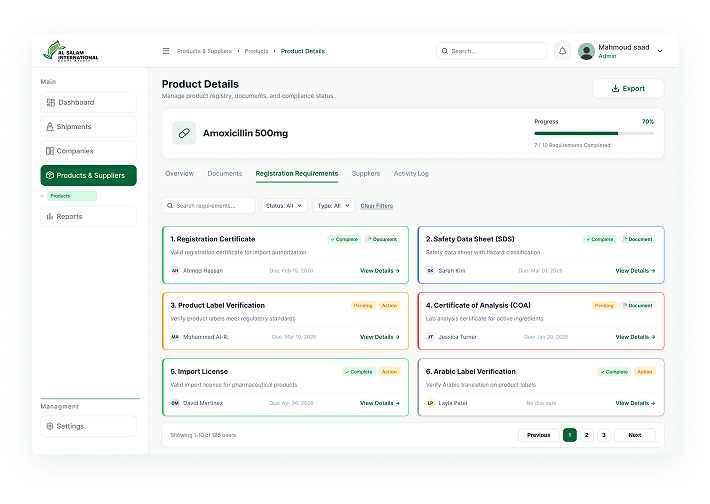 Product details and registration requirements screen