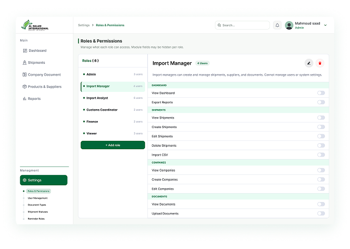 Roles and permissions screen